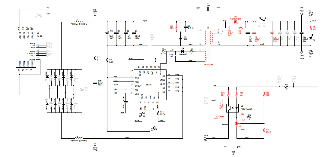 原理图 - Skyworks Solutions Inc. Si3404FB3V3KIT 3.3V 3类PoE PD评估套件