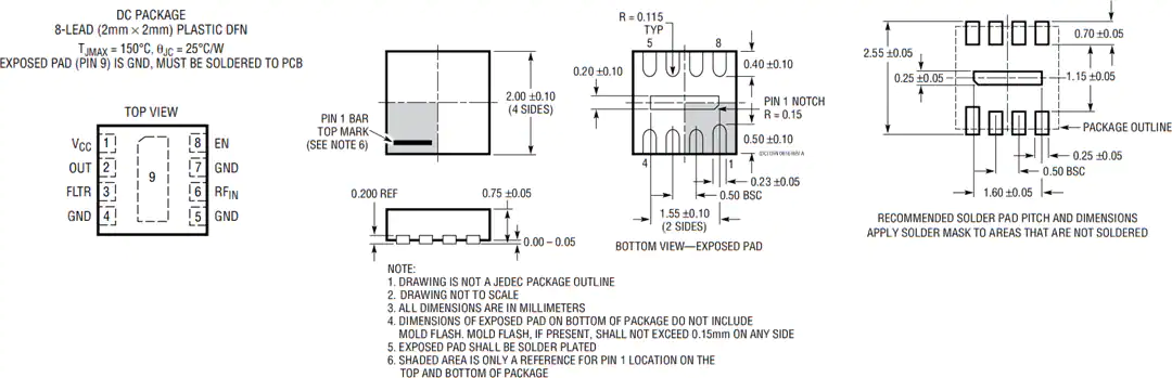 机械图纸 - Analog Devices Inc. LTC5597 RMS功率检波器 (0.1GHz-70GHz)